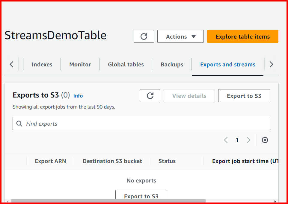 Picture showing the Exports and streams tab in the dynamo db table